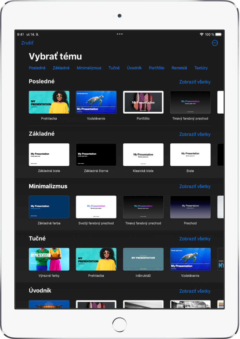 Výber tém zobrazujúci v hornej časti riadok kategórií, na ktoré môžete klepnúť a filtrovať tak možnosti. V pravom hornom horu sa nachádza tlačidlo Viac, ktoré umožňuje nastaviť štandardný alebo široký formát, prípadne nastaviť formátovanie pre konkrétny jazyk alebo región. Nižšie sú miniatúry preddefinovaných tém usporiadané do riadkov podľa kategórií. V hornej časti napravo od každého riadka kategórie sa zobrazí tlačidlo Zobraziť všetky.