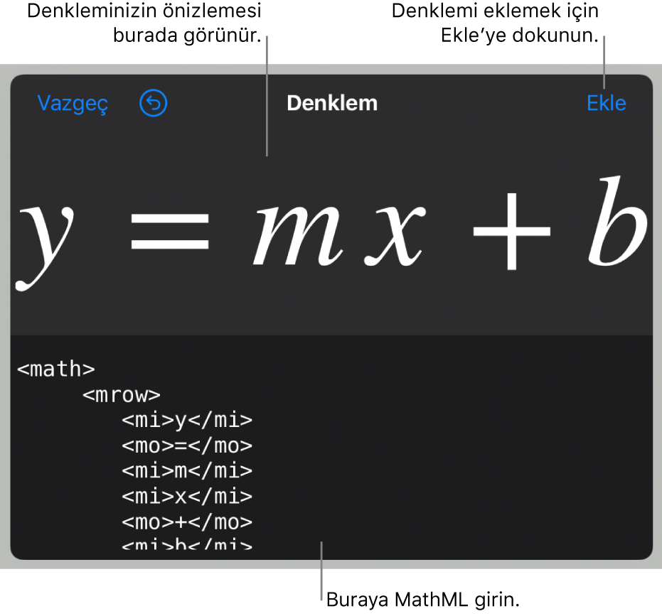 Çizgi eğimi denklemi için MathML kodu ve üstte formülün önizlemesi.