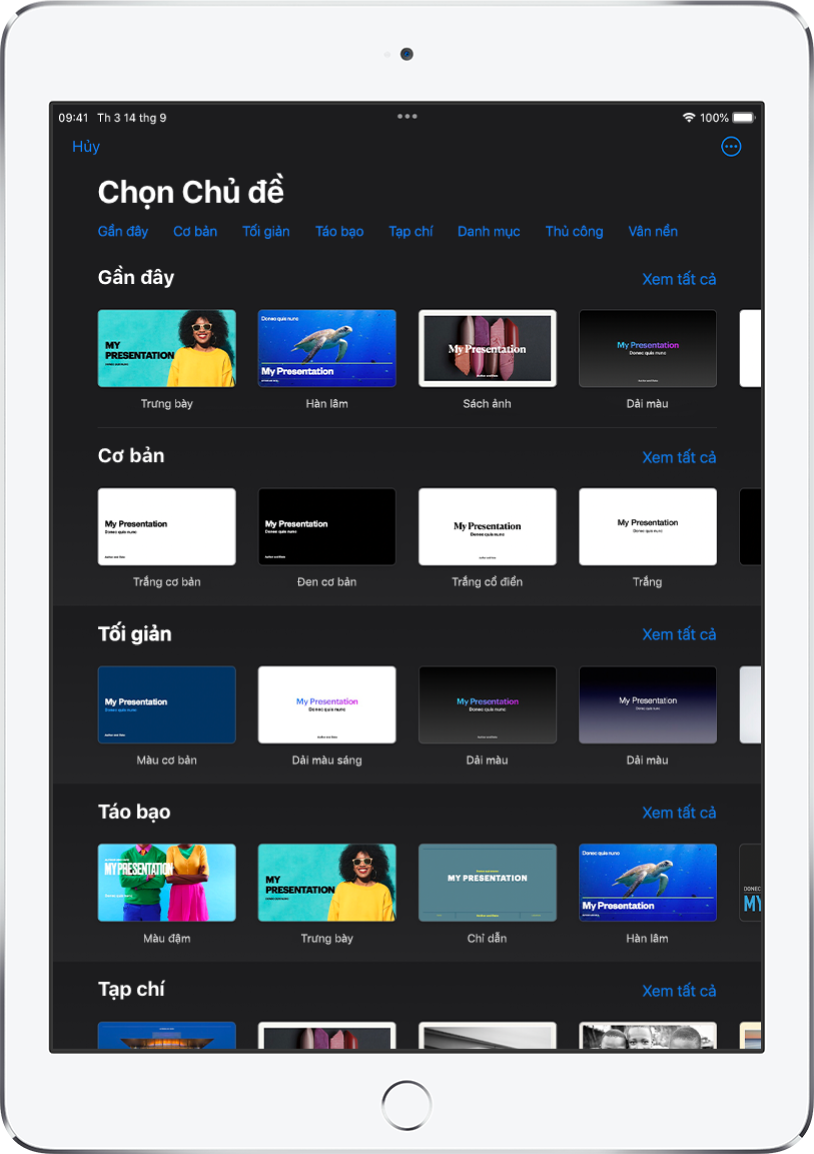 Bộ chọn chủ đề, đang hiển thị một hàng các danh mục dọc trên cùng mà bạn có thể chạm để lọc các tùy chọn. Nút Thêm nằm ở góc trên cùng bên phải nơi bạn có thể đặt định dạng Tiêu chuẩn hoặc Rộng và đặt định dạng cho ngôn ngữ hoặc vùng cụ thể. Bên dưới là các hình thu nhỏ của các mẫu được thiết kế sẵn được sắp xếp trong các hàng theo danh mục. Nút Xem tất cả sẽ xuất hiện phía trên và ở bên phải của từng hàng danh mục.