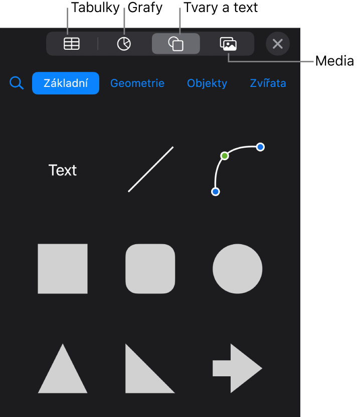 Ovládací prvky pro přidání objektu. V horní části se nacházejí tlačítka sloužící k výběru tabulek, grafů, tvarů (včetně čar a textových rámečků) a médií.