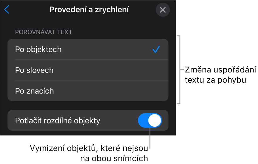 Volby provedení a zrychlení funkce Kouzelný přesun na panelu Zrychlení