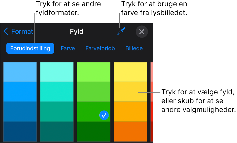 Udfyldningsmuligheder på fanen Format.