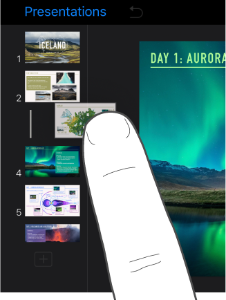 Image of a finger dragging a slide thumbnail in the slide navigator.