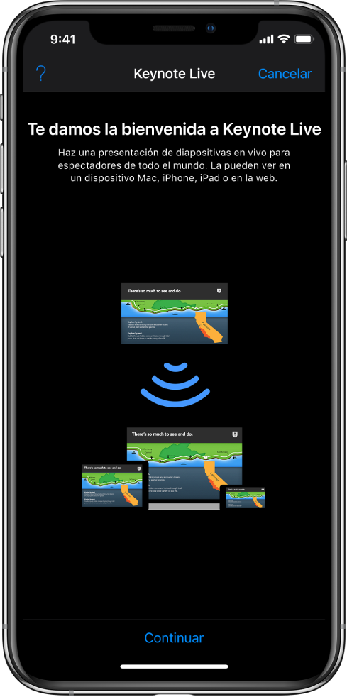Una ventana presentando Keynote Live con el botón Continuar en la parte inferior.
