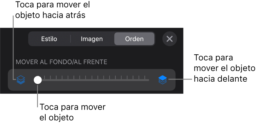 Botón “Mover hacia atrás”, botón “Mover hacia delante” y regulador de capa.