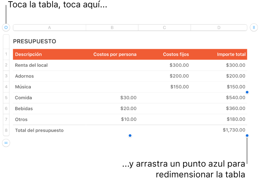 Una tabla seleccionada con puntos azules para redimensionarla.