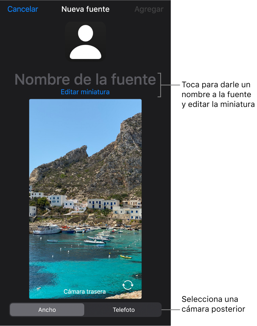 La ventana Nueva fuente, con controles para cambiar el nombre de la fuente y la miniatura que se muestra sobre la previsualización en vivo de la cámara. Si tu iPhone tiene varias cámaras posteriores, aparecerán botones para seleccionarlas en la parte inferior de la pantalla.