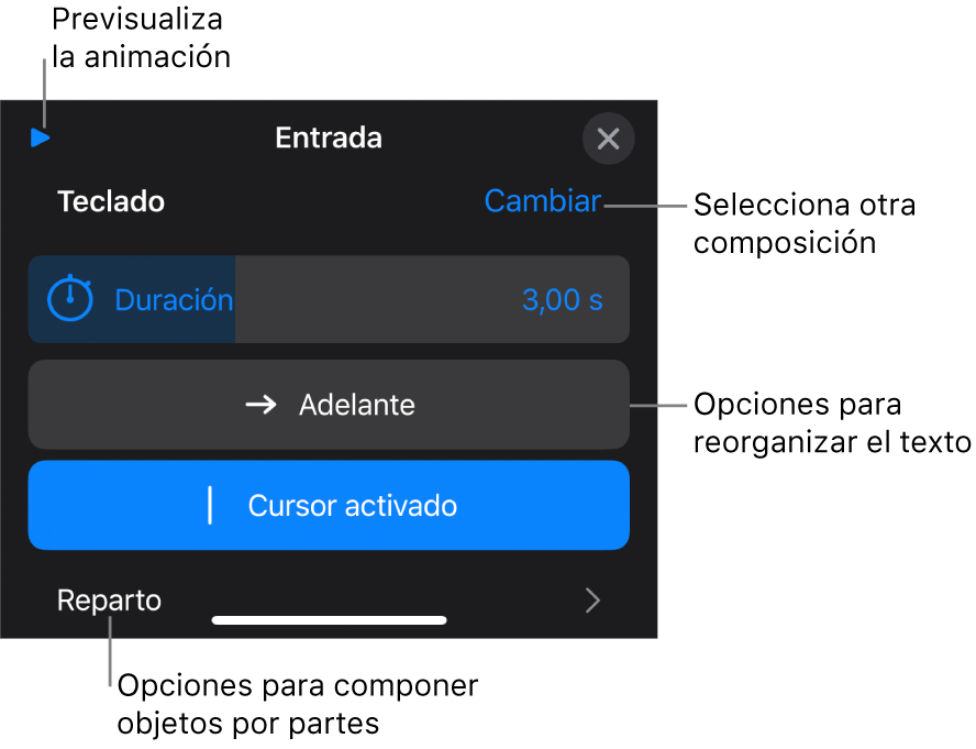 Las opciones de composición incluyen Duración, “Animación del texto” y Entrega. Toca Cambiar para seleccionar otra composición o toca Previsualización para previsualizar la composición.