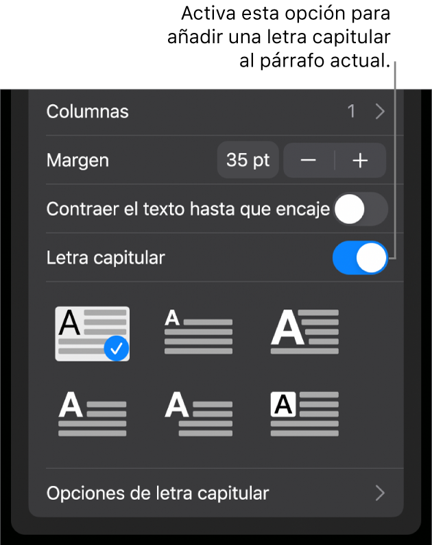 Los controles de “Letra capitular” situados en la parte inferior del menú Texto.