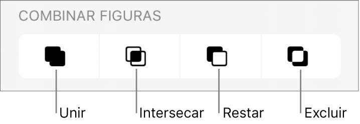 Botones Unir, Cruzar, Sustraer y Excluir debajo de Combinar figuras.