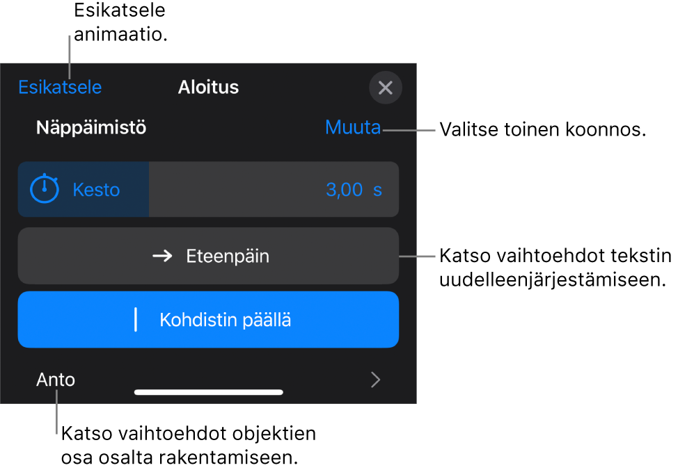 Koonnosvalintoihin sisältyy Kesto, Tekstin animointi ja Anto. Valitse toinen koonnos napauttamalla Muuta tai esikatsele koonnosta napauttamalla Esikatsele.