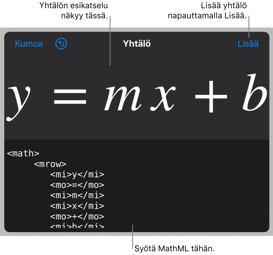 MathML-koodi suoran kulmakertoimen yhtälölle ja yllä kaavan esikatselu.