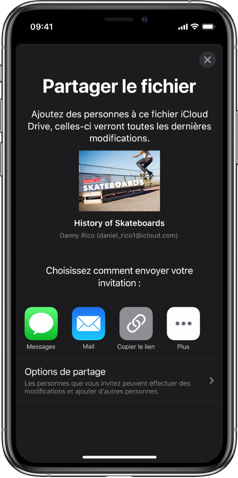 L’écran Ajouter affichant une image de la présentation à partager. On trouve en dessous les différents boutons pour envoyer l’invitation, y compris Messages et Mail, Copier le lien et Plus. Le bouton Options de partage se trouve en bas.