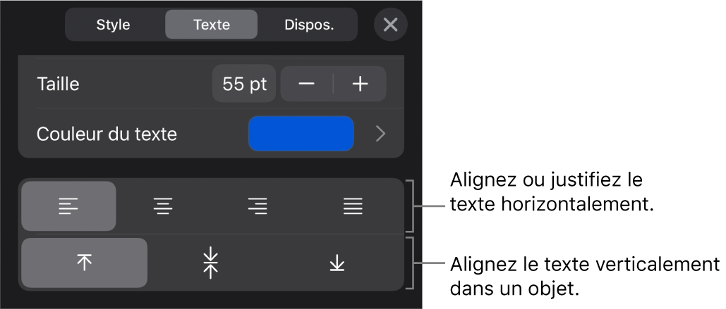 La section Alignement du bouton Format, avec des légendes pour les boutons d’alignement de texte.