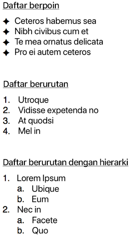 Contoh daftar berpoin, berurutan, dan berurutan dengan hierarki.