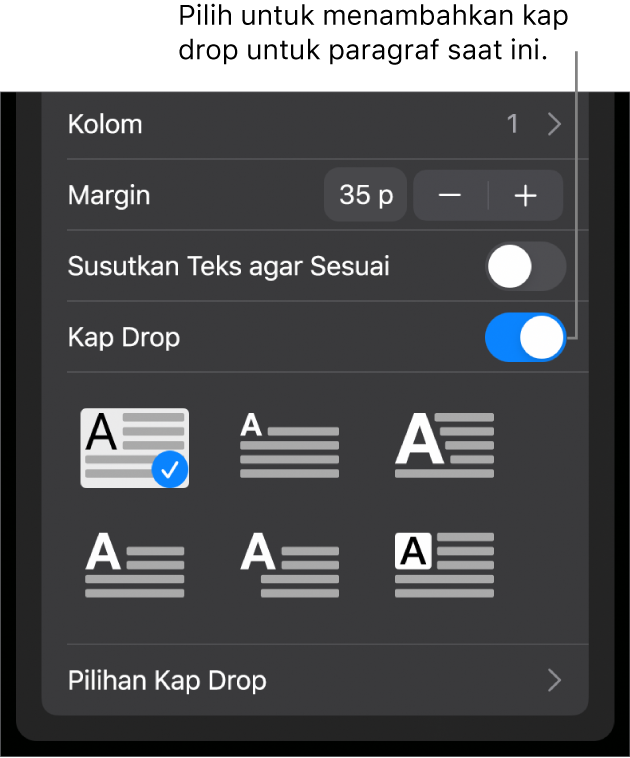 Kontrol Kap Drop terletak di bagian bawah menu Teks.