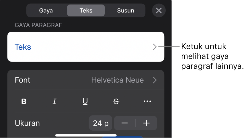 Menu Format menampilkan kontrol teks untuk mengatur paragraf dan gaya karakter, font, ukuran, dan warna.