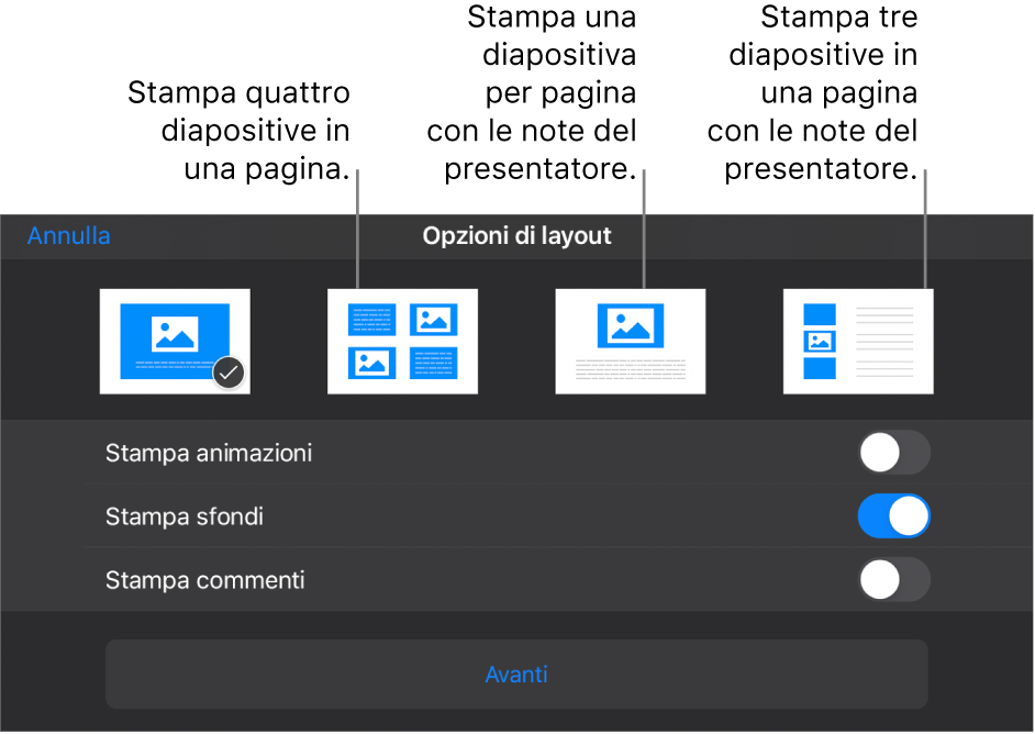 Opzioni layout stampa.