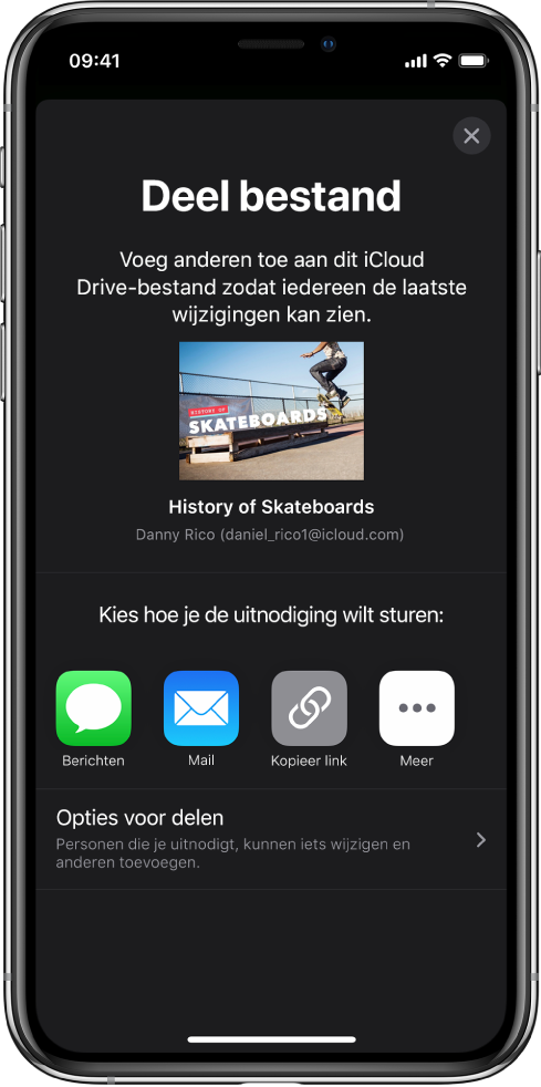 Het scherm 'Voeg personen toe' met daarin een afbeelding van de presentatie die wordt gedeeld. Eronder staan knoppen voor de manieren waarop de uitnodiging kan worden verstuurd, waaronder Berichten, Mail en 'Kopieer link'. Onder in het scherm staat de knop 'Opties voor delen'.