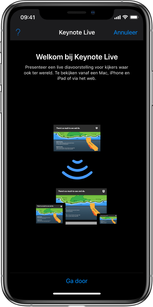 Een venster met een introductie van Keynote Live en onderin de knop 'Ga door'.
