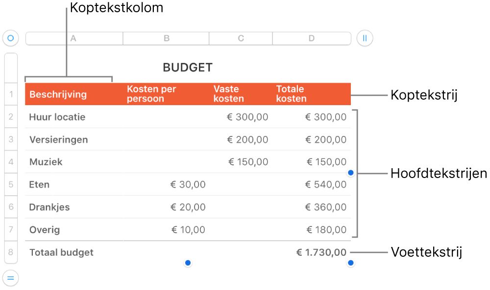 Een tabel met koptekst-, hoofdtekst- en voettekstrijen en -kolommen en selectiegrepen voor het toevoegen of verwijderen van rijen en kolommen.