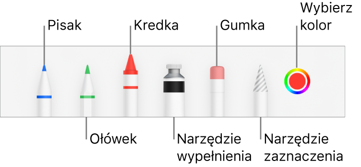 Pasek narzędzi rysowania: pisak, ołówek, kredka, wypełnianie, gumka i zaznaczanie. Oprócz nich widoczna jest także paleta kolorów, zawierająca bieżący kolor.