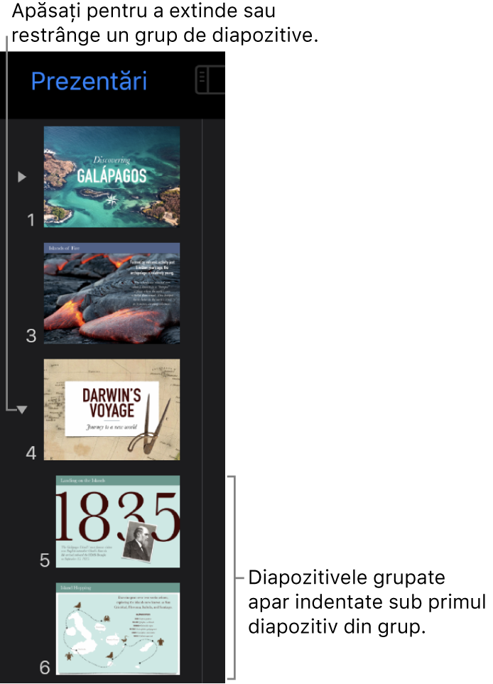 Navigatorul de diapozitive afișând diapozitive indentate.