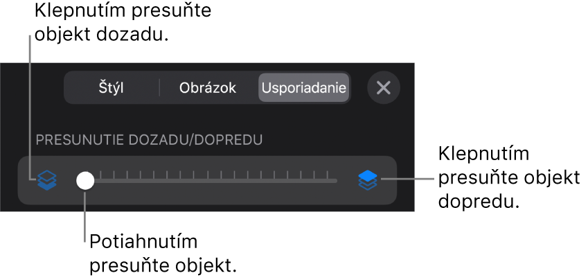 Tlačidlo Presunúť dozadu, tlačidlo Presunúť dopredu a posuvník vrstiev.