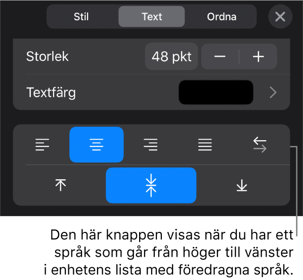 Textreglage i menyn Format med en pil mot höger-till-vänsterknappen.