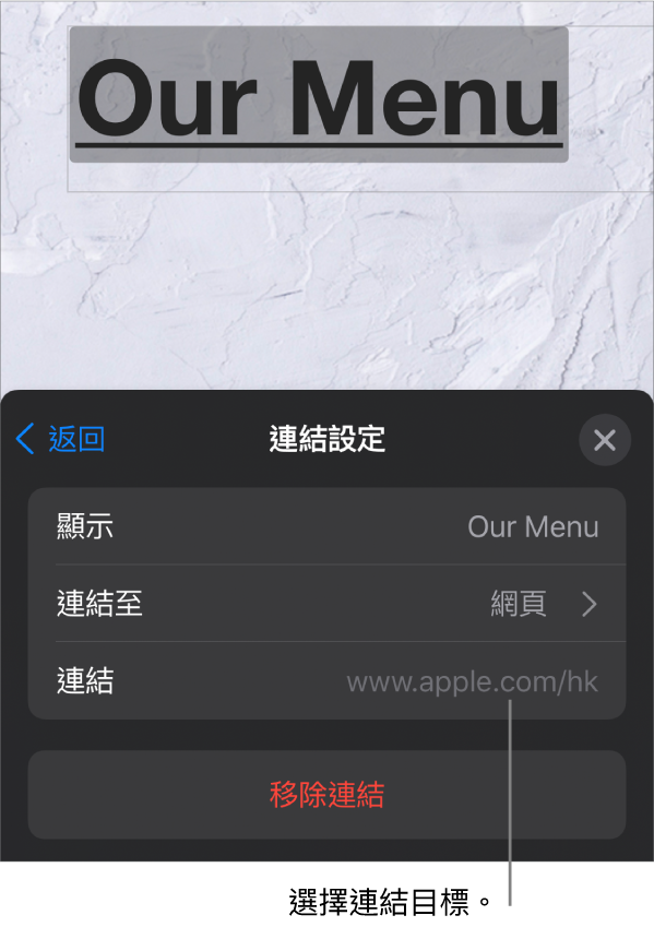 「連結設定」控制項目，其中的欄位有「顯示」、「連結至」（設為「網頁」）和「連結」。「移除連結」按鈕位於底部。