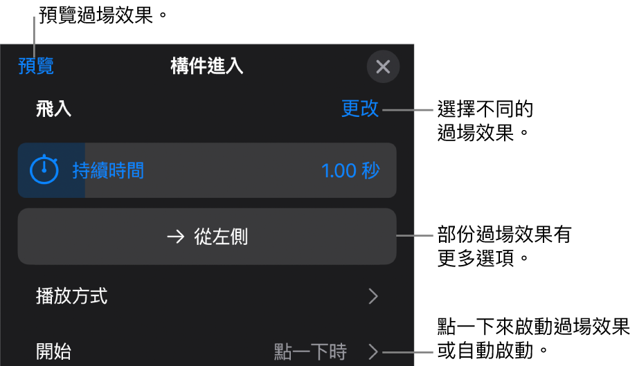 「選項」面板中用於修改過場效果的控制項目。