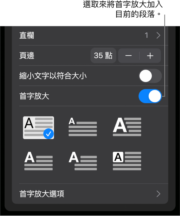 「首字放大」控制項目位於「文字」選單的底部。