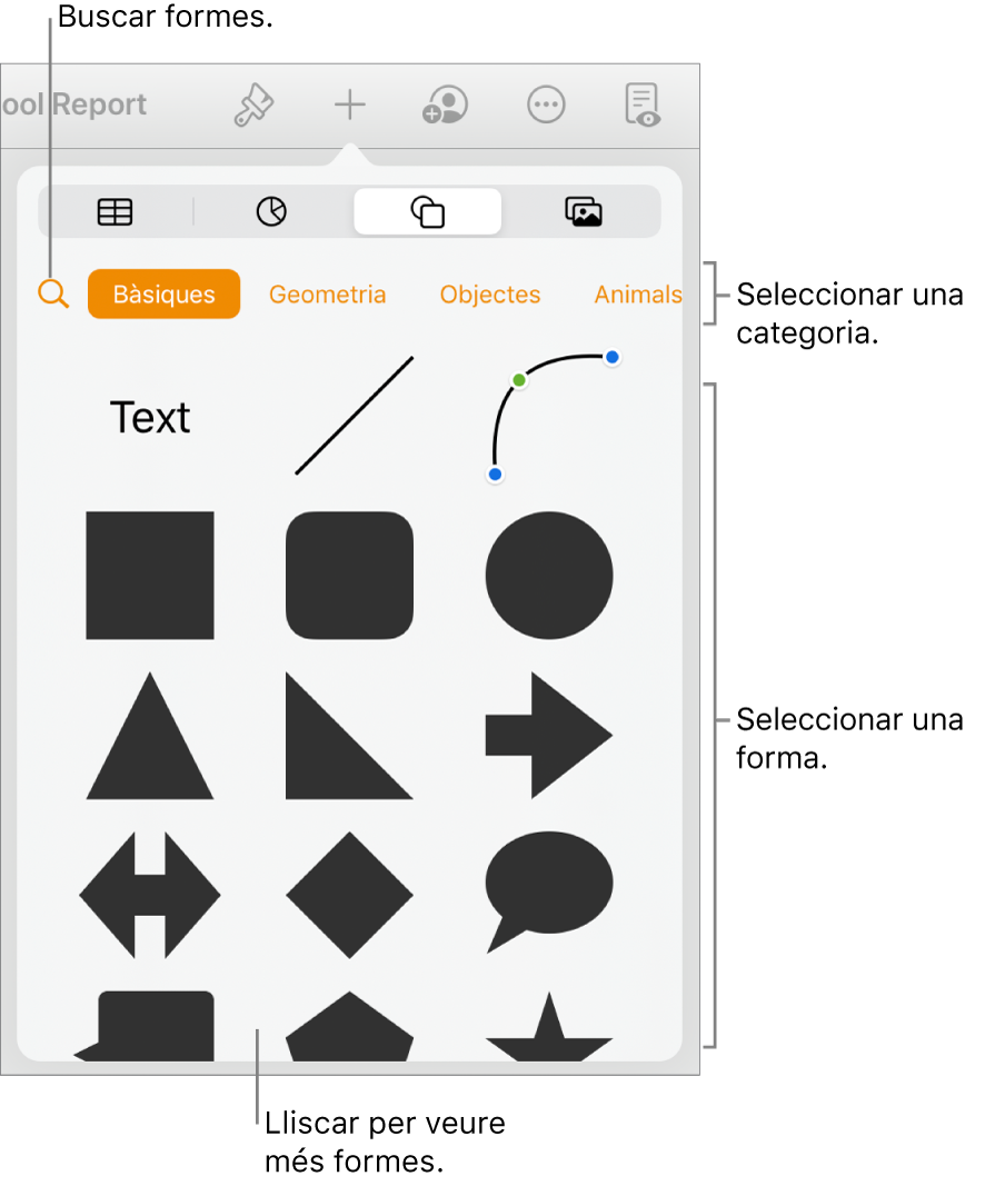 La biblioteca de formes, amb categories a la part superior i les formes a sota. Pots utilitzar el botó de cerca situat a la part superior per trobar formes i passar el dit per veure’n més.