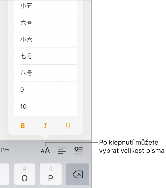 Tlačítko Velikost písma na pravé straně klávesnice iPadu s otevřenou nabídkou Velikost písma. Nejprve jsou v nabídce uvedeny velikosti písma podle státní normy kontinentální Číny a za nimi standardní velikosti písma v bodech