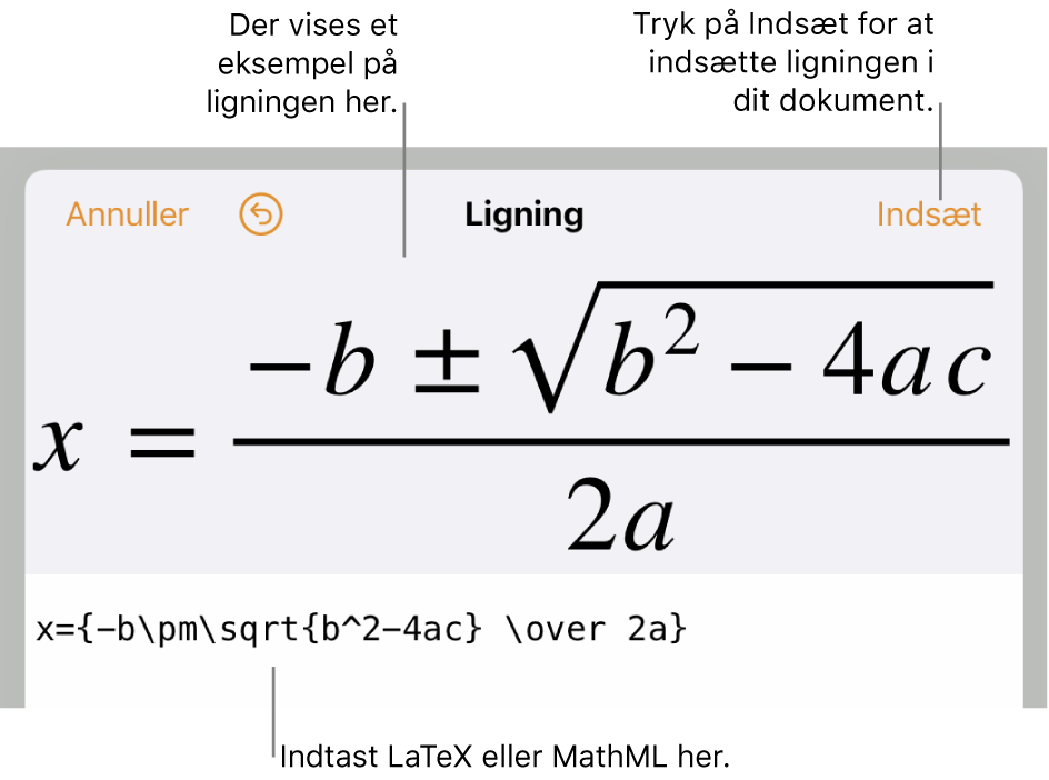 Dialogen til redigering af ligninger, der viser den kvadratiske formel skrevet ved hjælp af LaTeX-kommandoer og derover et eksempel på formlen.