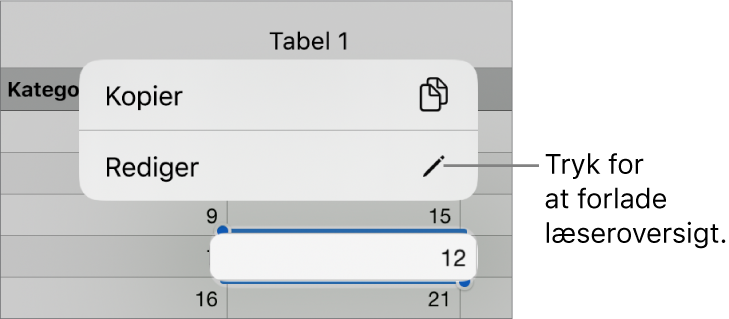 En tabelcelle er valgt, og over den ses en menu med knapperne Kopier og Rediger.