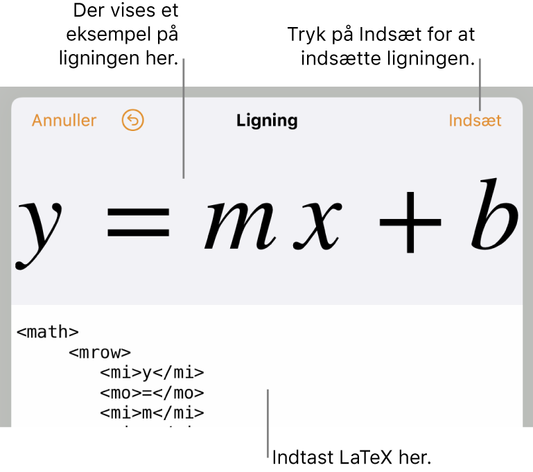 Den kvadratiske formel skrevet ved hjælp af LaTeX i feltet Ligning og et eksempel på formlen derunder.