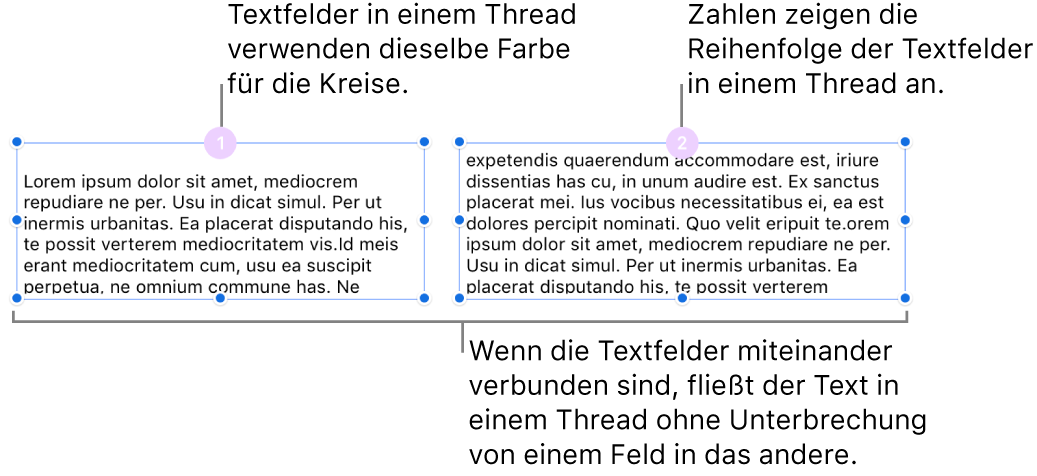 Zwei Textfelder mit jeweils einem violetten Kreis oben und den Ziffern 1 und 2 in den Kreisen