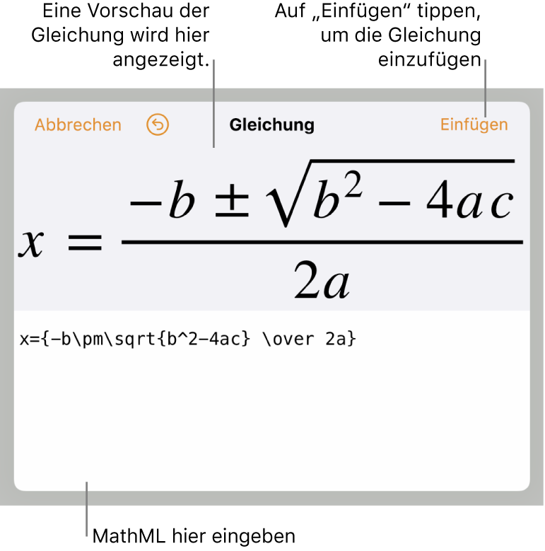 MathML-Code für die Gleichung der Steigung einer Linie und einer Vorschau der Formal darüber.