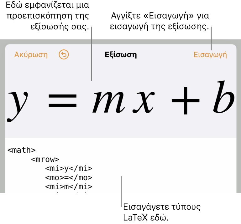 Ο τετραγωνικός τύπος που έχει γραφεί με χρήση LaTeX στο πεδίο «Εξίσωση» και μια προεπισκόπηση του τύπου από κάτω.