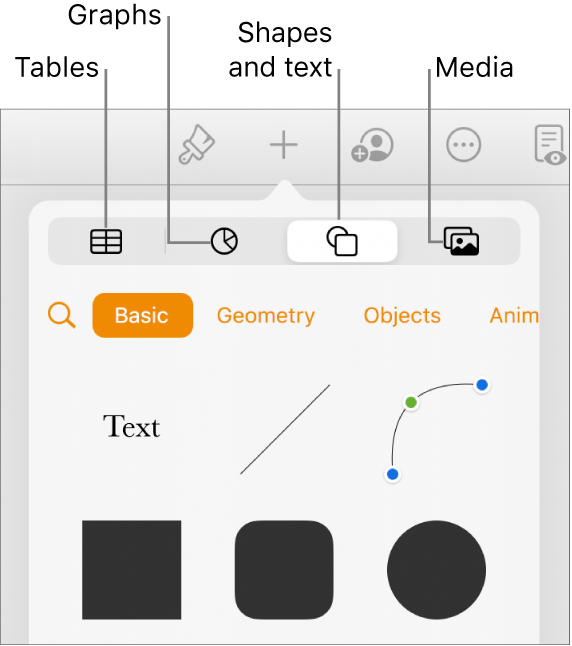 The controls for adding an object, with buttons at the top to select tables, graphs, shapes (including lines and text boxes), and media.