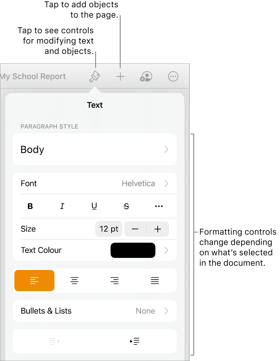 The Format controls are open and showing controls to change paragraph style, modify fonts and format font spacing. Callouts at the top point out the Format button in the toolbar and to its right, the Insert button to add objects to the page.