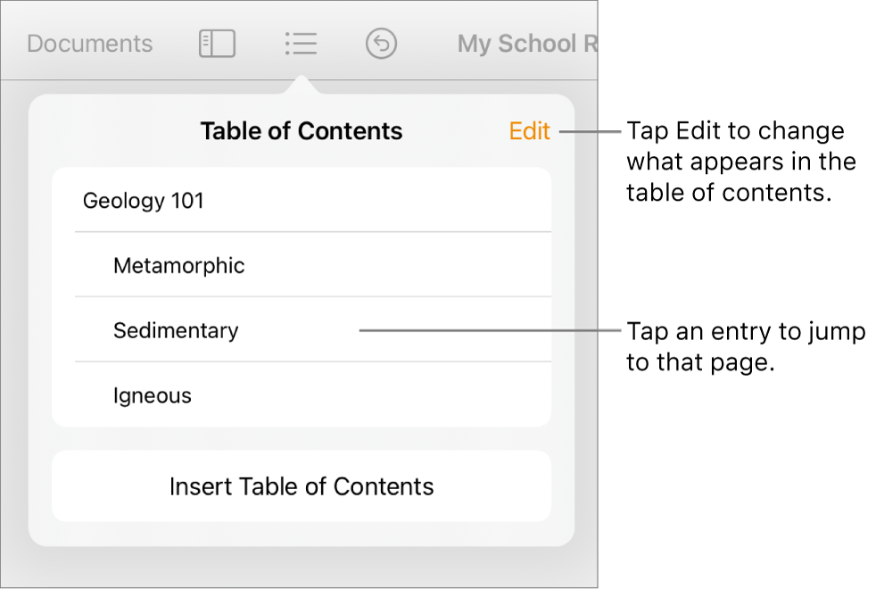 The table of contents view with entries in a list. The Edit button is at the top-right corner of the view.