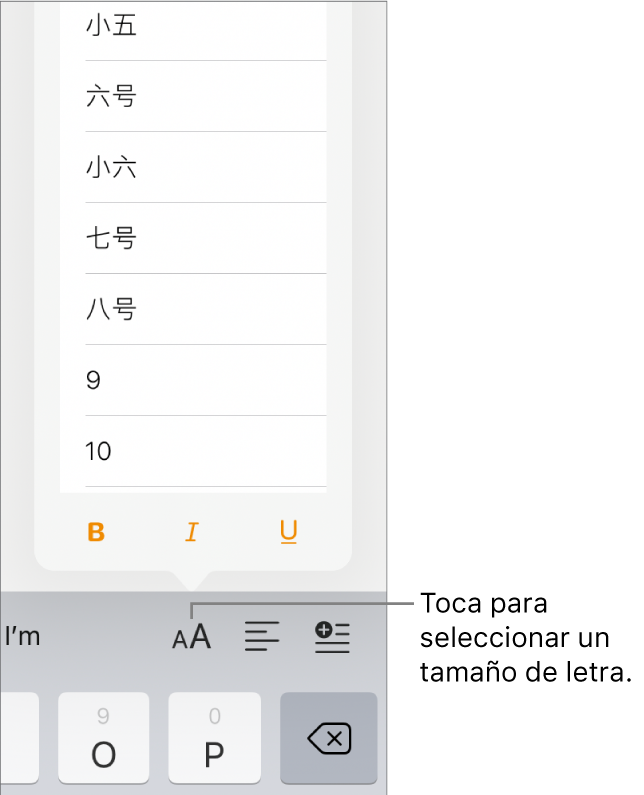 El botón “Tamaño de letra” en la parte derecha del teclado del iPad con el menú “Tamaño de la letra”. En la parte superior del menú aparecen los tamaños de tipo de letra estándar gubernamentales de China continental, con los tamaños en puntos debajo.