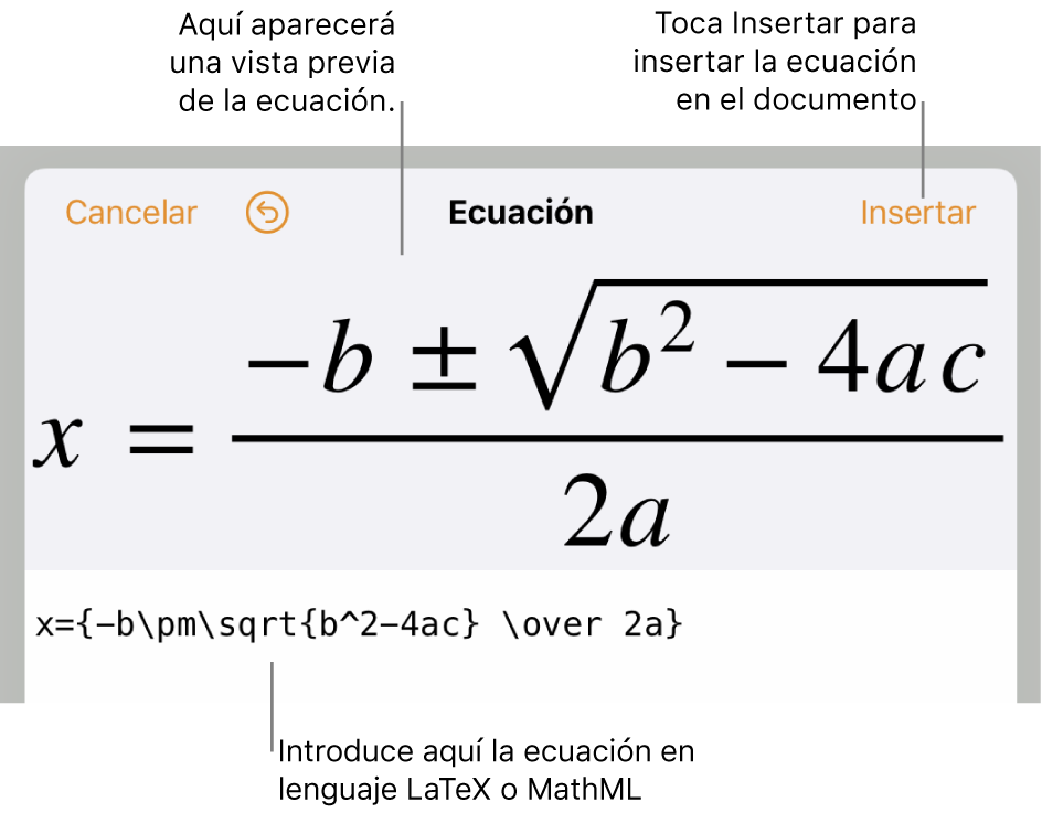 El diálogo de edición de ecuación con la fórmula cuadrática escrita con comandos de LaTeX y una previsualización de la fórmula encima.