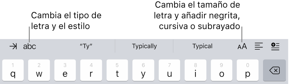 Los botones de formato de texto encima del teclado, de izquierda a derecha: sangría, tipo de letra, tres campos de texto predictivo, tamaño de letra, alineación e inserción.