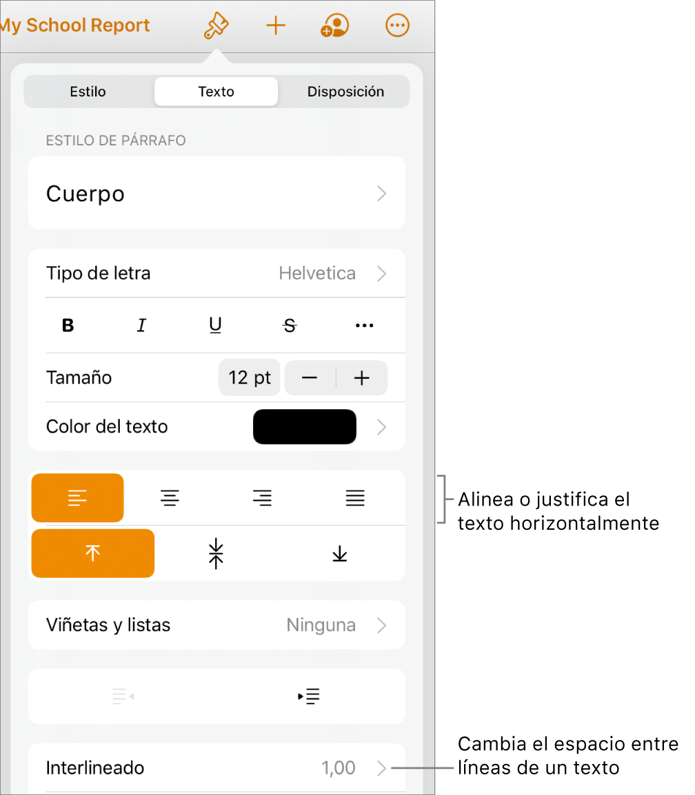 El botón “Controles de formato” con la pestaña Texto seleccionada y llamadas a los botones de alineación del texto y al ítem de menú Interlineado.