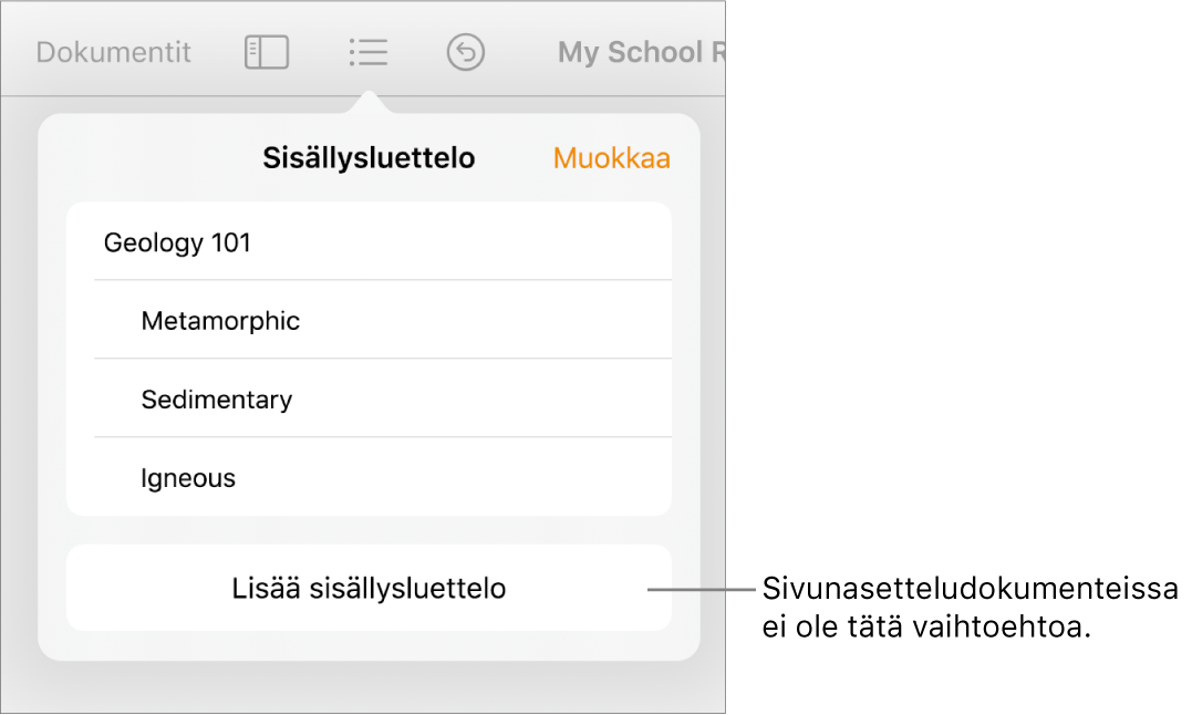 Sisällysluettelonäkymä, jossa on Muokkaa oikeassa yläkulmassa sekä sisällysluettelon kohteet ja Lisää sisällysluettelo -painike alhaalla.