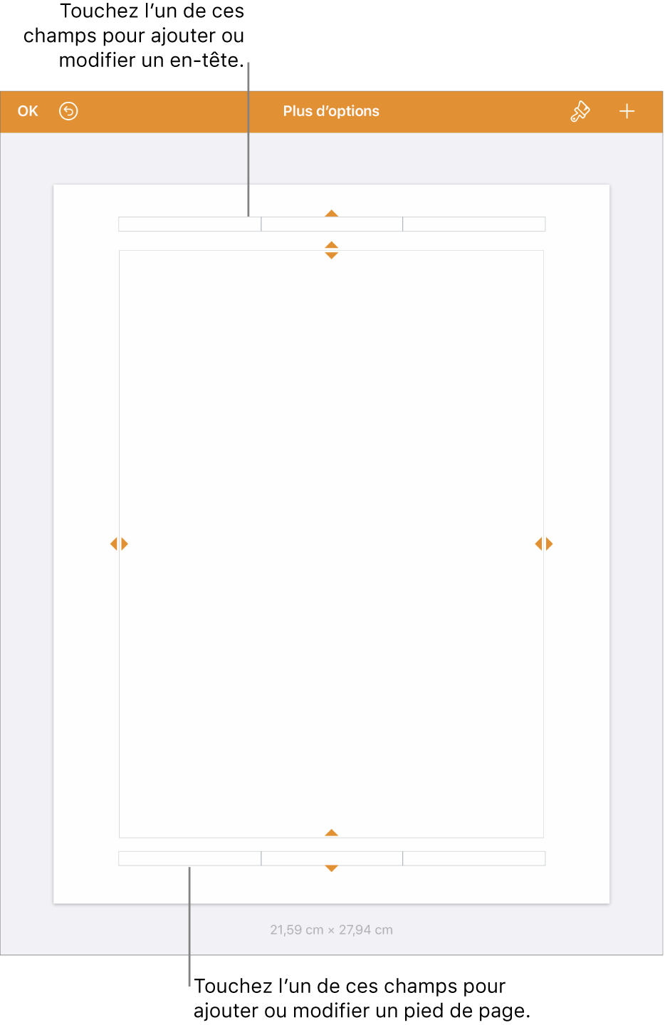 Présentation Plus d’options avec trois champs en haut du document pour les en-têtes et trois champs en bas pour les bas de page.