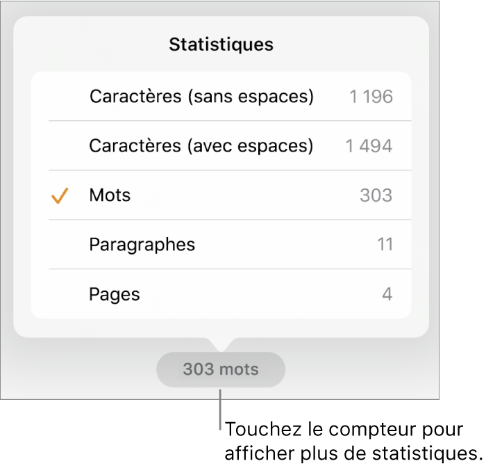 Nombre de mots avec menu présentant des options d’affichage du nombre de caractères avec et sans espaces, du nombre de mots, du nombre de paragraphes et du nombre de pages.